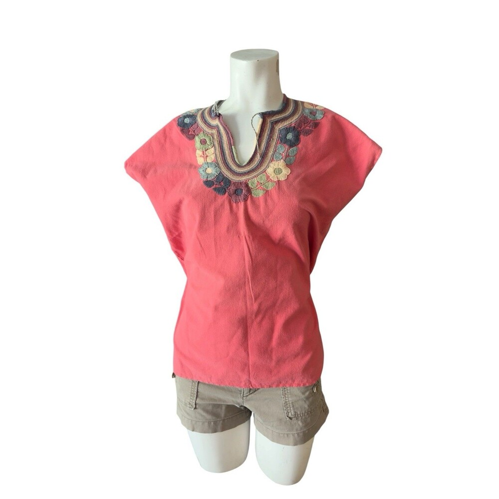 VINTAGE Mexican PINK Ethnic Hand Embroidered Floral Design Mexican Fiesta Gauze‎